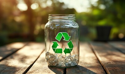 clear glass jar with a green recycling symbol emblazoned on it, promoting eco-friendly practices by encouraging the reuse of glass containers instead of single-use plastics, Generative AI