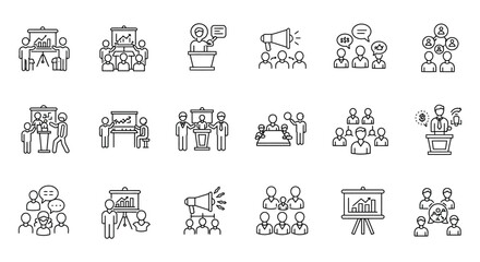 Line icons of people communicating and presenting in various business settings