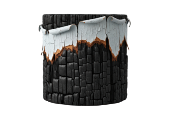 A single, isolated piece of heavily charred wood with light paint peeling in crisp chips and curled strips, revealing the dark surface against a solid transparent background, concept of decay and