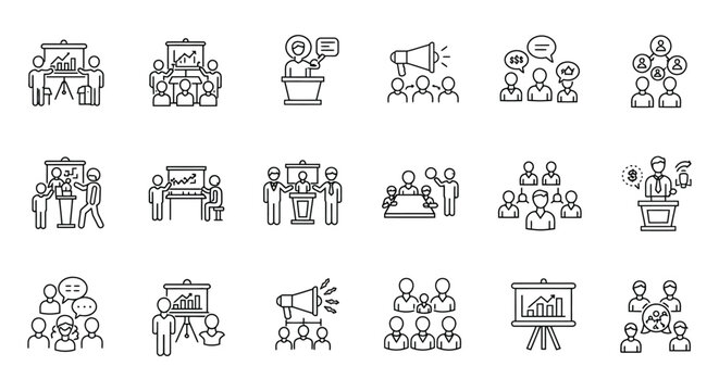 Line icons of people communicating and presenting in various business settings