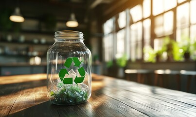 clear glass jar with a green recycling symbol emblazoned on it, promoting eco-friendly practices by encouraging the reuse of glass containers instead of single-use plastics, Generative AI