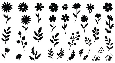 Collection of various black flower silhouettes and foliage on white background