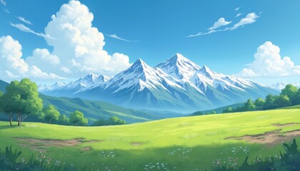 Serene spring day with green meadow, rolling hills, majestic snow-capped mountains under blue sky with fluffy white clouds. Trees dot landscape, creating peaceful, idyllic countryside scene perfect
