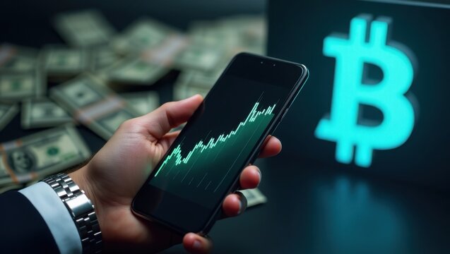 Mano de empresario sosteniendo un tel&eacute;fono inteligente que muestra un gr&aacute;fico ascendente de criptomonedas, junto a billetes de d&oacute;lar dispersos y un fondo brillante con el s&iacute;mbolo de Bitcoin