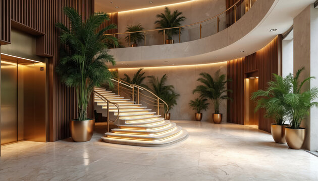 Elegant modern lobby features illuminated staircase, golden elevators, potted plants. Luxurious marble flooring, warm wood paneling create sophisticated ambience in upscale building interior.