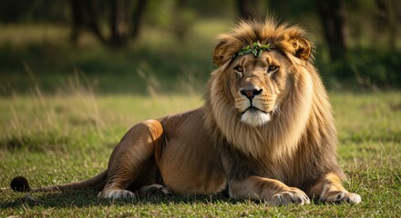Obraz premium King of the Jungle with a Leaf Crown Lounging in the Green Grass, Beautiful Lion Portrait