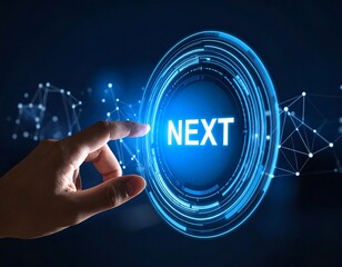 Hand pushing a glowing "NEXT" button