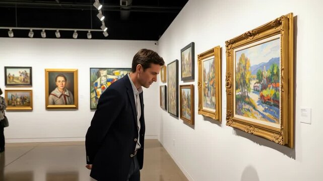 A thoughtful and sophisticated man in a suit visits a modern art gallery to contemplate and appreciate the beautiful paintings in a quiet and cultural setting

