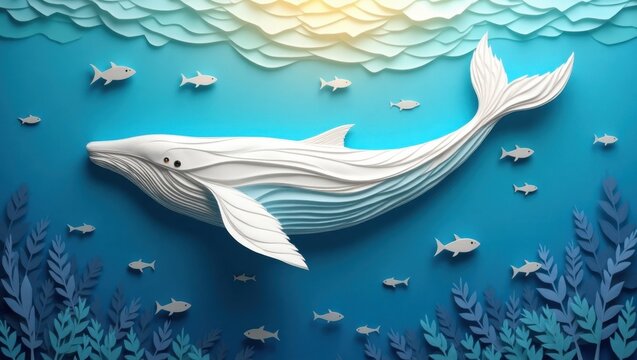Bonita ballena de papel nadando bajo las olas del oc&eacute;ano, rodeada de peque&ntilde;os peces de papel y un mar azul en capas