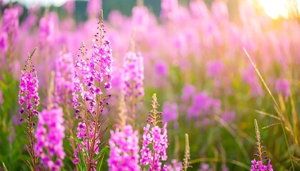 Vibrant pink wildflowers bathed in warm, golden sunlight