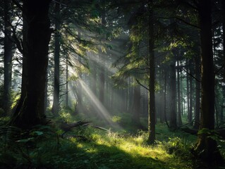 Fototapeta premium Hazy Morning Sunlight Through Green Forest