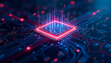 Electronic circuit board background showing a digital motherboard with a CPU and microchip processing data and information technology