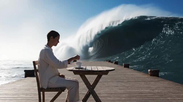 A surreal and humorous photo of a calm woman in pajamas ignoring a giant tsunami wave while quietly enjoying a cup of tea on a pier representing denial

