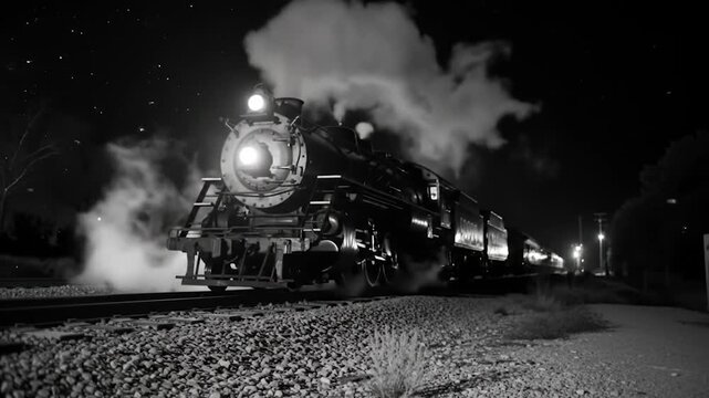 Vintage steam locomotive at night
