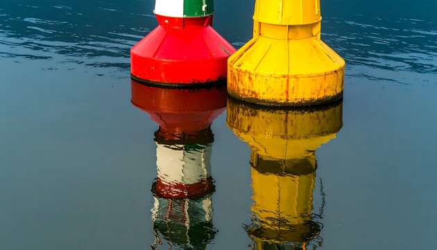 Two navigational buoys float on calm water, their vibrant colors reflected perfectly