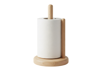 白いキッチンペーパーホルダーと木製ベースのオブジェクト分離背景にクローズアップ