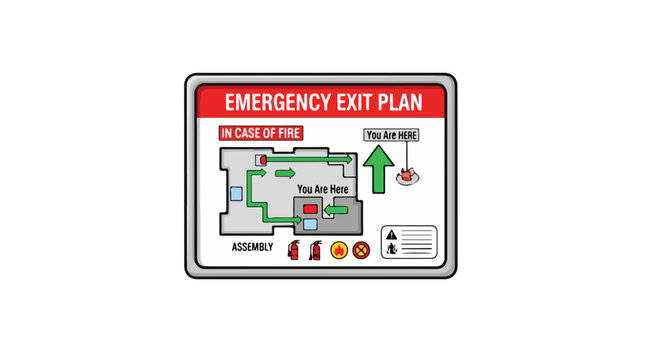 Emergency Exit Plan Sign: Fire Safety Instructions and Building Map.