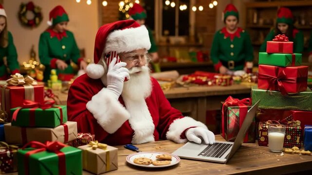 A modern santa claus multitasks on his laptop and phone in his busy north pole workshop while his dedicated elves wrap presents for christmas in the background

