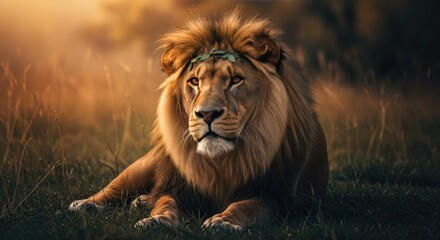 Majestic Lion with Laurel Wreath Resting in a Golden Field: A Portrait of Regal Tranquility and Natural Beauty, Radiating Warmth