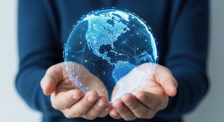 Person holding a digital globe with connected dots in their hands showing north america view
