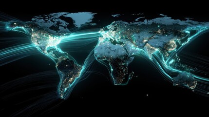 Global Network Connectivity: World Map with Data Flow Visualization in Teal