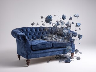 Navy Blue Sofa and Armchairs Exploding into Fragments on White Background 