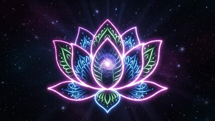 Neon Lotus Mandala in Cosmic Space - A vibrant neon lotus mandala rotates slowly against a backdrop of cosmic rays and twinkling stars. - Powered by Adobe