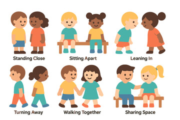 Children's Proximity Icons. Flat vector mini-illustrations Proximity and personal space in colors children's