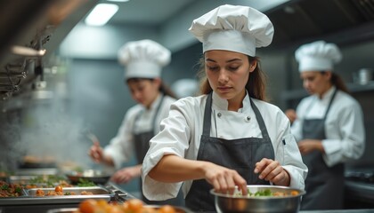 Students learn culinary techniques in high school cooking class. Young chefs practice new recipes preparing food in pro kitchen. Woman chef adds ingredients to bowl, others saute, grill, chop food.