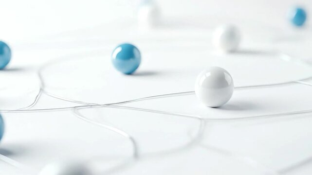 Spheres white  blue resting on a white surface intersected by a thin winding silver wire creating a minimalist interconnected network