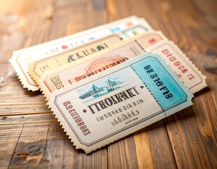 Fototapeta premium Vintage-style tickets rest on a rustic wooden surface