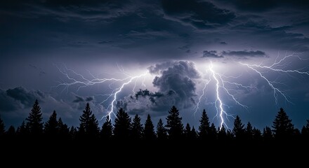 Dramatic Lightning Strikes Over Forest Silhouette Against Ominous Cloudy Sky