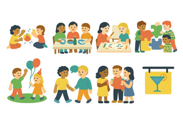 Fototapeta premium Team Wellness Icons. Flat vector mini-illustrations team bonding for mental wellness in colors children's