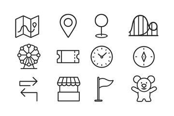 Amusement Park Icons. Outline icon set of amusement park route: map, location pin, stop marker, roller coaster