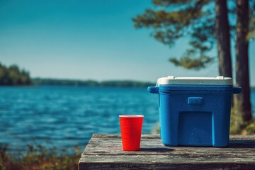 Fototapeta premium Cooler Camping. Blue Camping Cooler and Red Cup on Wooden Table by Lake in Forest