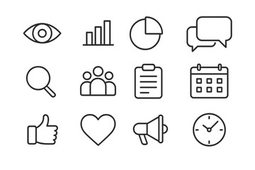 Audience Analysis Icons. Outline icon set of audience behavior analysis: eye, bar chart, pie chart, speech
