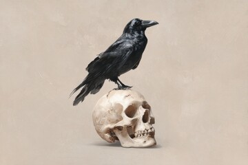 Crow Skull. Black Bird Perched on Skull Symbolizing Death in Nature