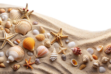 Sand and Sea Shells – Beach Theme – Isolated on White Background – PNG – GENERATIVE AI