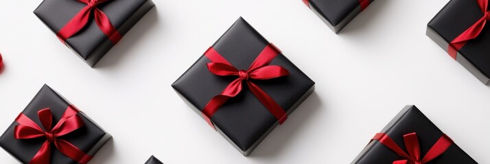 Minimalist Black Friday design with bags, boxes, ribbons and discount symbols, isolated on white for versatile use in banners, posters and online stores.