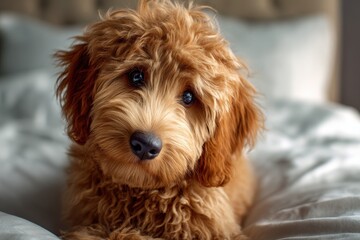 Fototapeta premium Cute Goldendoodle Dog Portrait on Bed - Toy Canino Terrier Puppy
