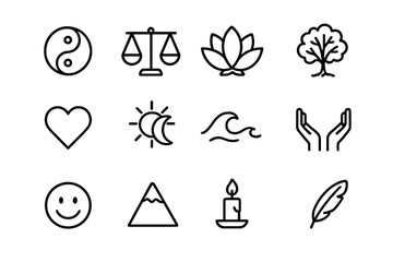 Balance Icon Set. Outline icon set of balance for success: yin-yang, scale, lotus flower, tree, heart, sun and