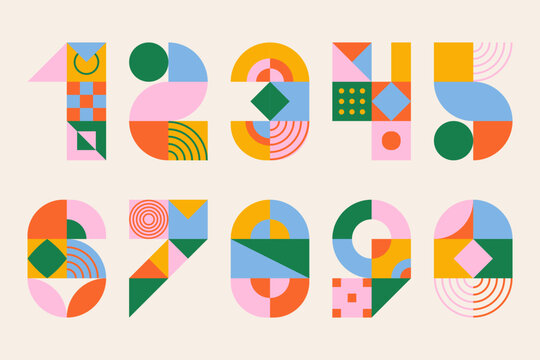 Geometric numbers. Colorful abstract typography font elements retro bauhaus style, modern stylized alphabet numbers for poster design. Vector vintage set - Powered by Adobe