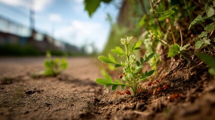 Ants carrying food on a dirt path beside a growing plant in a sunny outdoor environment