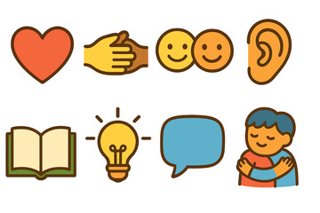 Empathy Icon Grid. Flat vector mini-illustrations Building empathy in colors children's illustrations: heart