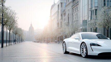 Fototapeta premium White Electric Car on City Street at Sunrise