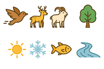 Fototapeta premium Migrating Wildlife Illustrations. Flat vector mini-illustrations Habitat shifts due to temperature in colors