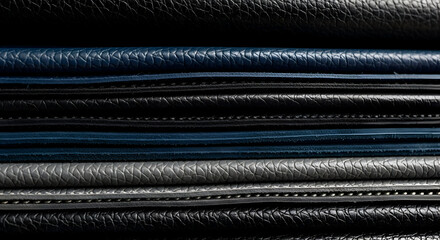 Close-up of a Stack of Variously Colored Rolled Leather and Faux Leather Fabrics, Showcasing Different Textures and Stitching Details in Shades of Blue, Gray, and Black

