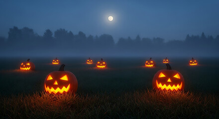 Eerie Halloween night with carved pumpkins glowing in a foggy field under a full moon, a classic spooky scene