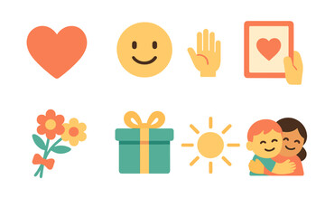 Gratitude Icons for Kids. Flat vector mini-illustrations Gratitude in colors children's illustrations: heart