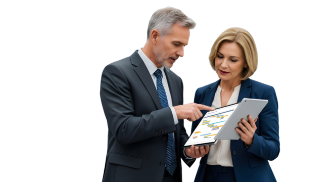 Two busy older professional corporate business executives man and woman wearing suits working on digital project plan holding tablet technology device having discussion standing in office at meeting. 